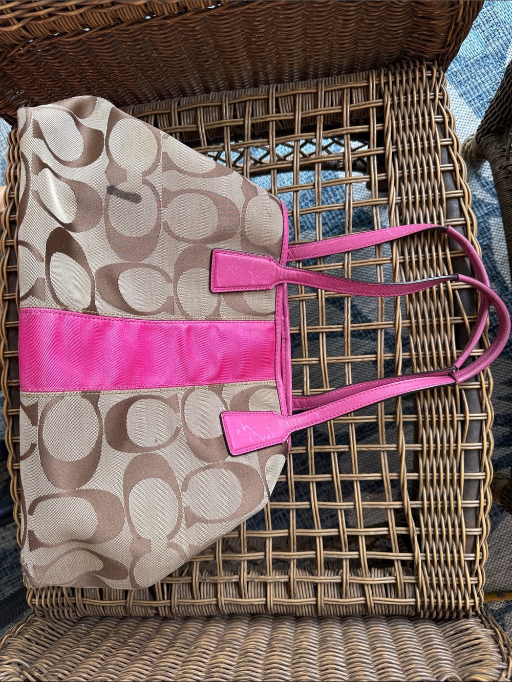 Coach Brown Signature Canvas Tote with Pink Trim